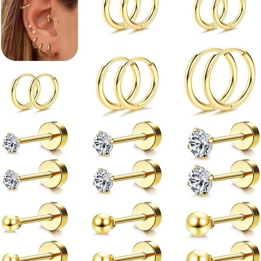 Small Hypoallergenic Flat Back Stud Earrings for Women Men 14K Gold Plated Surgi